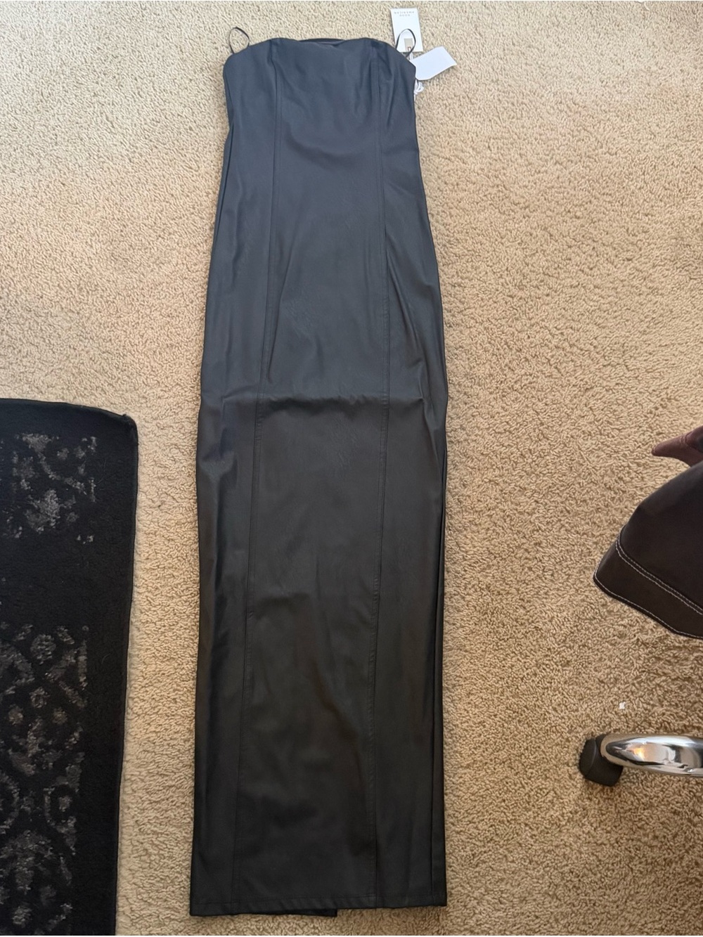 Good American Black Leather Strapless Dress